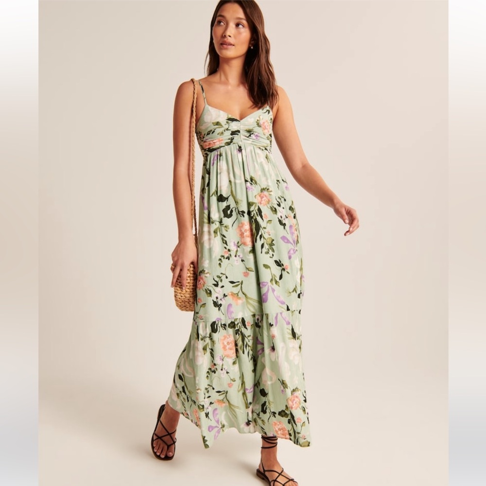 Abercrombie & Fitch Ruched Crinkle Maxi Dress - Green Floral